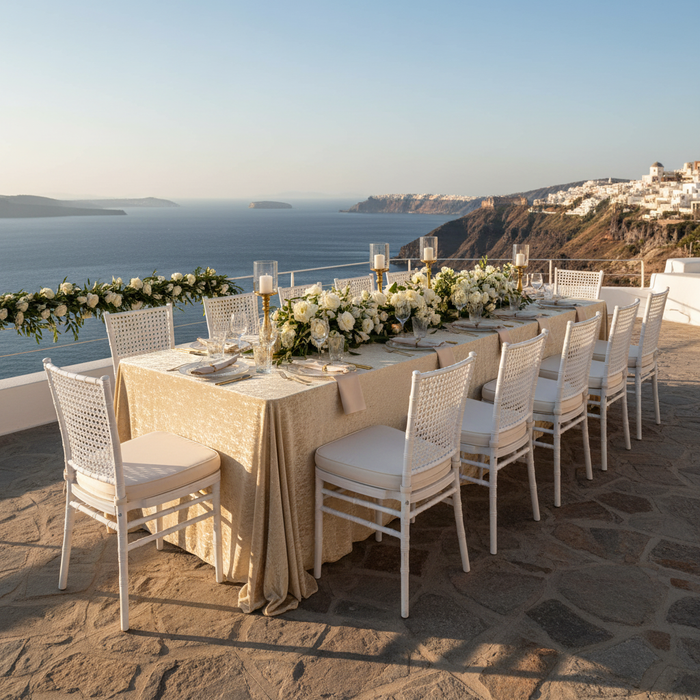 mediterranean elegant setup with Velvet 90"x156" Rectangular Tablecloth - Champagne