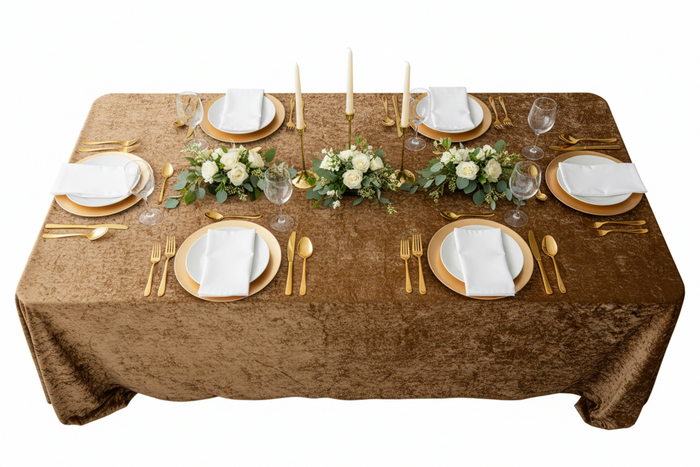 top view lifestyle setup with Velvet 90"x156" Rectangular Tablecloth - Mocha Brown