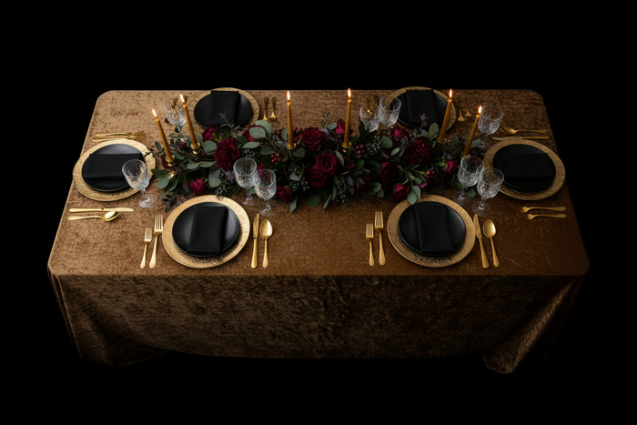 top view of black and gold setup with Velvet 90"x156" Rectangular Tablecloth - Mocha Brown