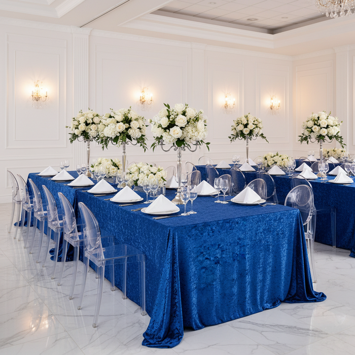 Velvet 90"x156" Rectangular Tablecloth - Royal Blue with Clear Chairs.