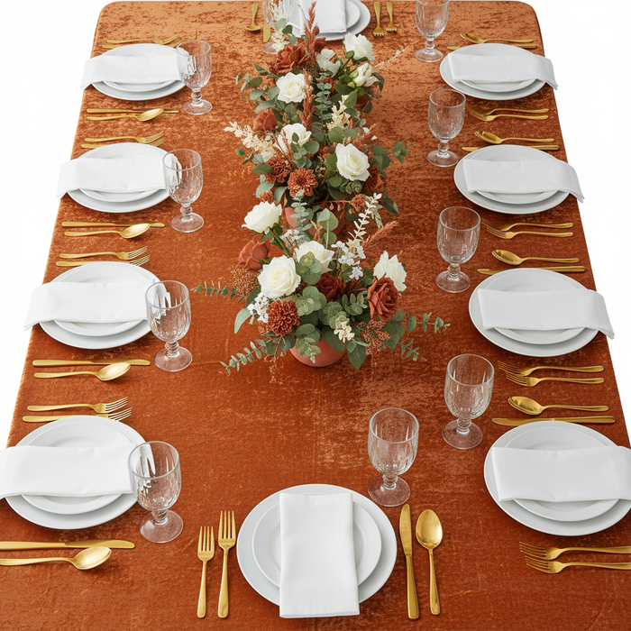 Velvet 90"x156" Rectangular Tablecloth - Rust | charger plate | napkin | wine goblets | centerpiece |