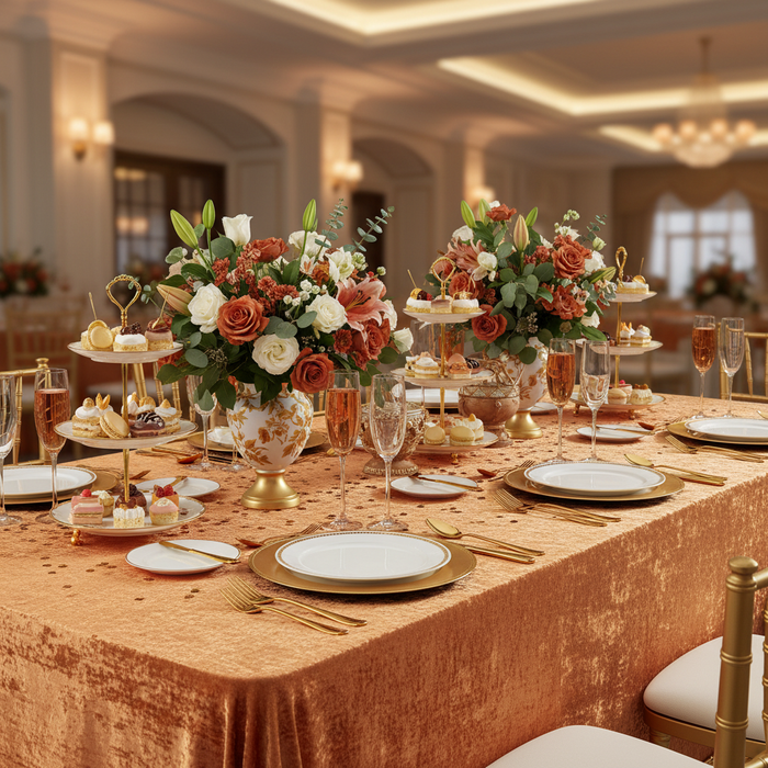 Velvet-90x156-Rectangular-Tablecloth-Rust | charger plate | wine goblets | centerpiece |
