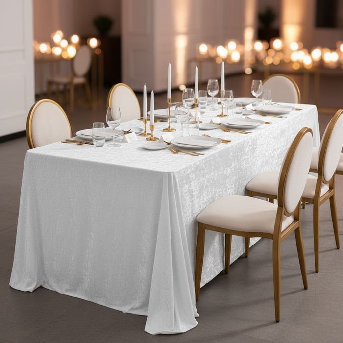 Velvet 90"x156" Rectangular Tablecloth - White with Oval Gold Chairs.