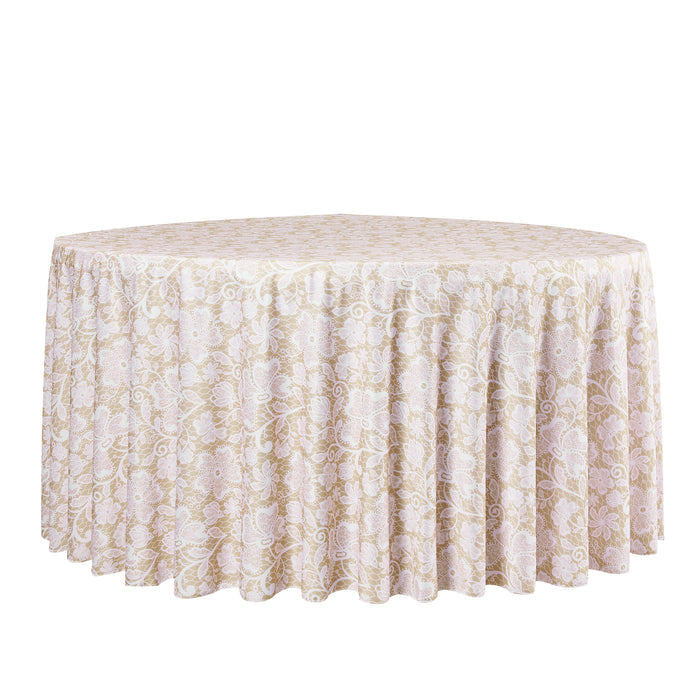 Vintage Lace Print Scuba Round Tablecloth Champagne/White front view