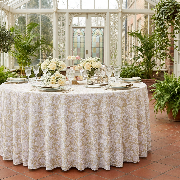 Vintage Lace Print Scuba Round Tablecloth Champagne/White brunch setting