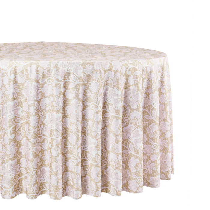 Vintage Lace Print Scuba Round Tablecloth Champagne/White close up
