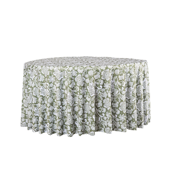 Vintage Lace Print Scuba Round Tablecloth Olive Green/White