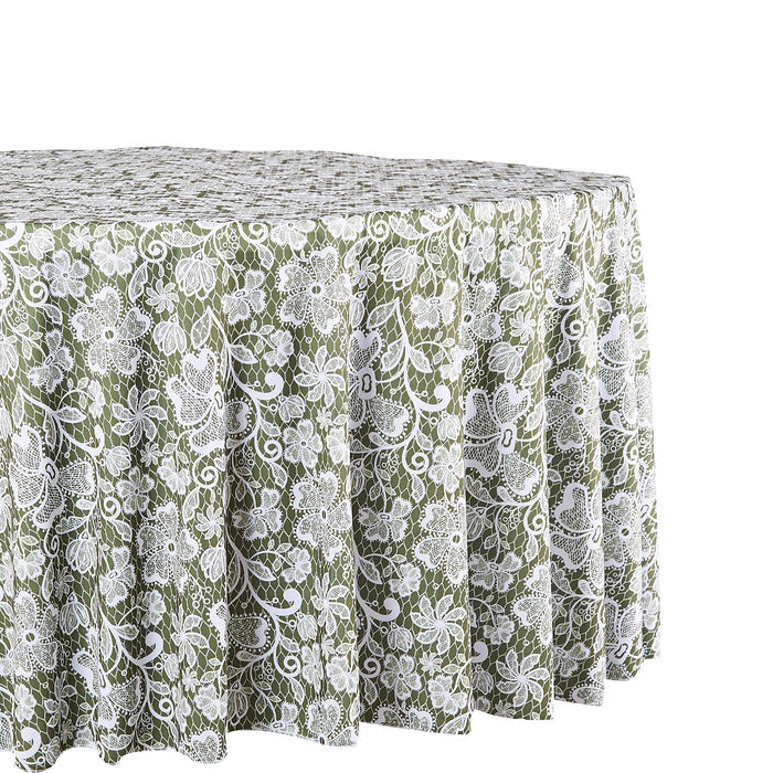 Vintage Lace Print Scuba Round Tablecloth Olive Green/White close up