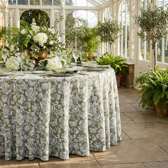 Vintage Lace Print Scuba Round Tablecloth Olive Green/White with olive green napkin, goblets and floral centerpieces