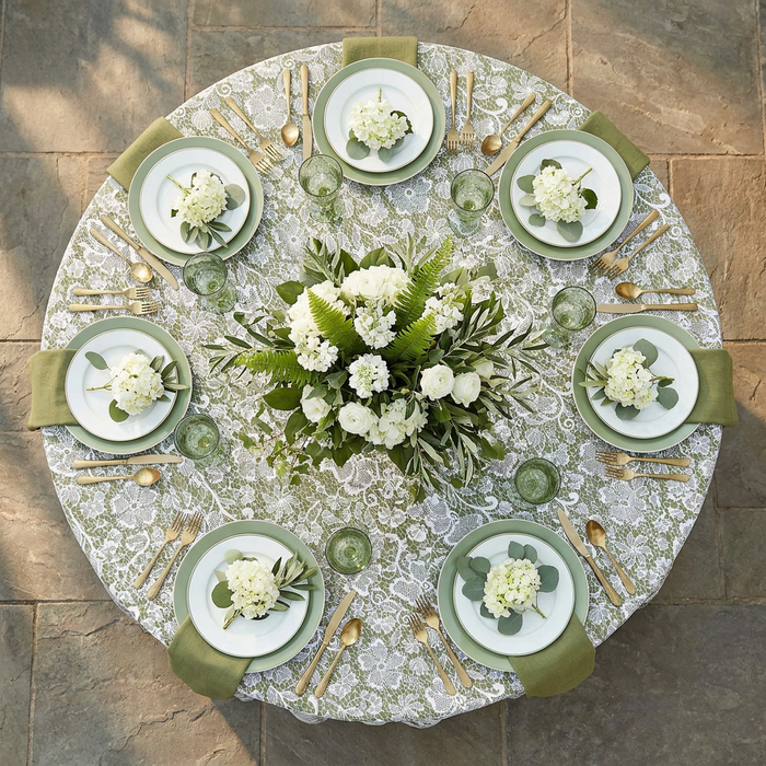 birdseye view Vintage Lace Print Scuba Round Tablecloth Olive Green/White with olive green napkin, goblets and floral centerpiece