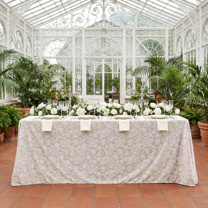 Vintage Lace Print Scuba 90"x156" Rectangular Tablecloth - Champagne/White - CV Linens