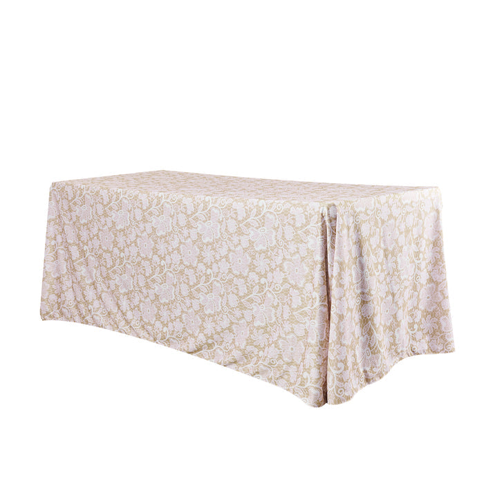 Vintage Lace Print Scuba 90"x156" Rectangular Tablecloth - Champagne/White - CV Linens