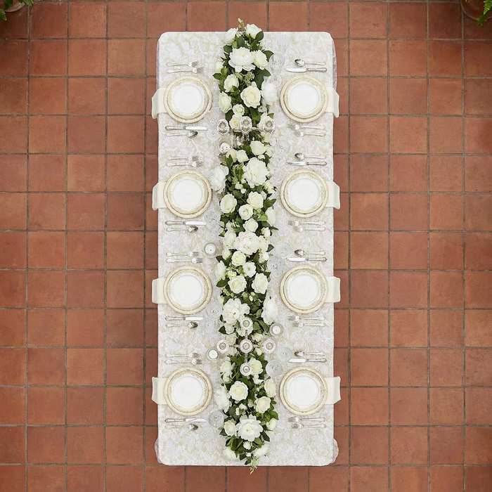 Vintage Lace Print Scuba 90"x156" Rectangular Tablecloth - Champagne/White - CV Linens
