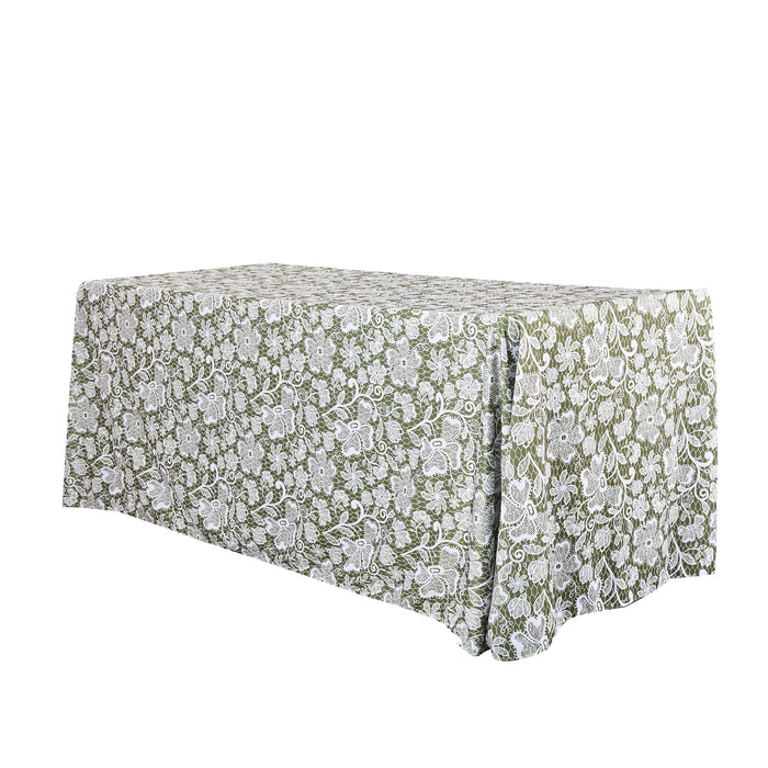 Vintage Lace Print Scuba Rectangular Tablecloth Olive Green/White angled view
