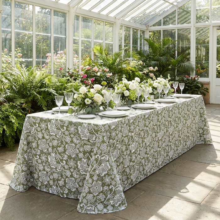 Vintage Lace Print Scuba Rectangular Tablecloth Olive Green/White paired with white dinnerware, wine goblets and white floral centerpieces