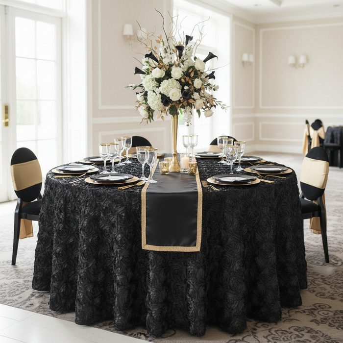 Wedding Rosette Satin 120" Round Tablecloth - Black.