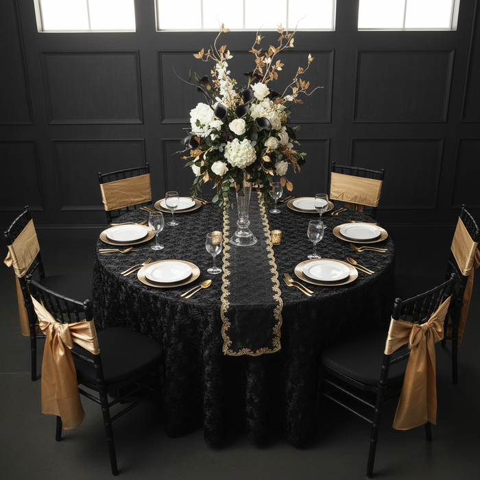 Wedding Rosette Satin 120" Round Tablecloth - Black.