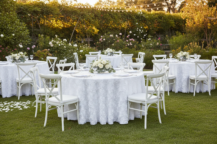 outdoor garden reception with Wedding Rosette Satin 120" Round Tablecloth - White