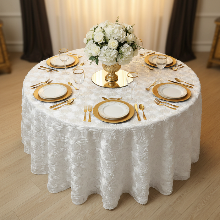 Wedding Rosette SATIN 132" Round Tablecloth - White | charger plate | dinner plate | wine goblets | flower centerpiece |