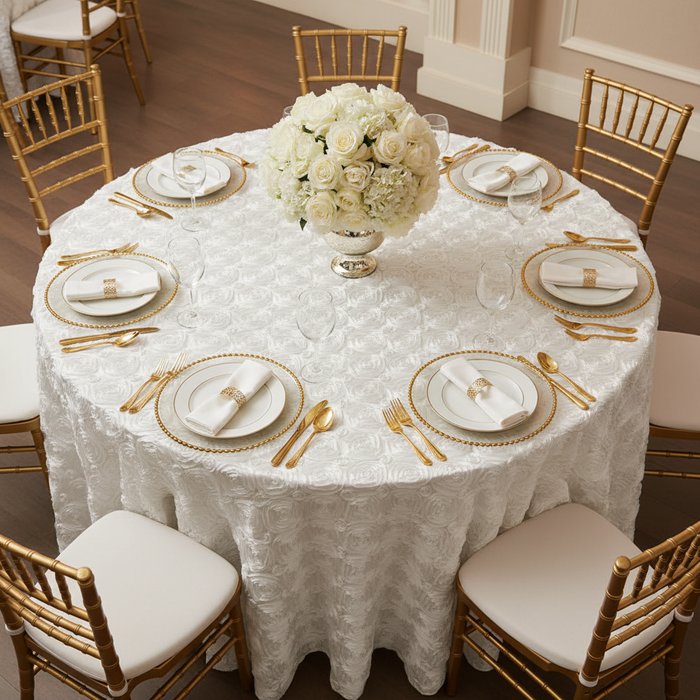 Wedding Rosette SATIN 132" Round Tablecloth - White | charger plate | dinner plate | wine goblets | flower centerpiece | napkin |