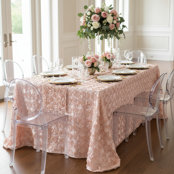Wedding Rosette Satin 90"x156" rectangular Tablecloth - Blush/Rose Gold.