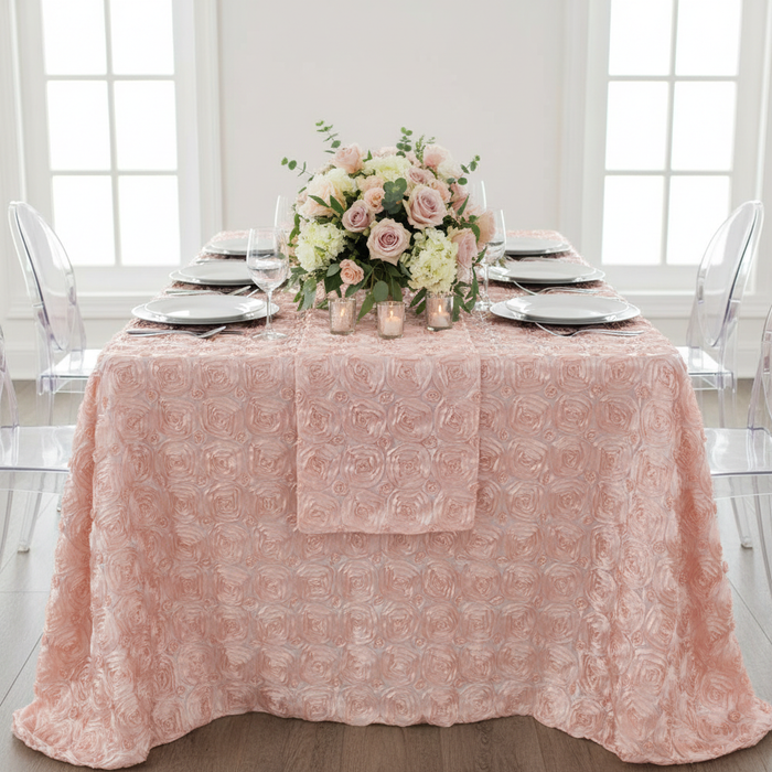 Wedding Rosette Satin 90"x156" rectangular Tablecloth - Blush/Rose Gold.