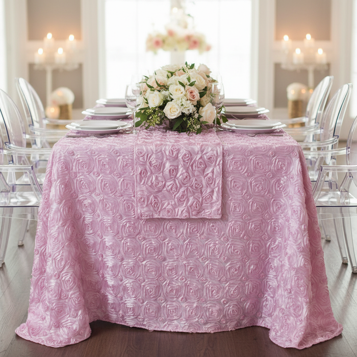 Wedding Rosette Satin 90"x156" rectangular Tablecloth - Medium Pink.