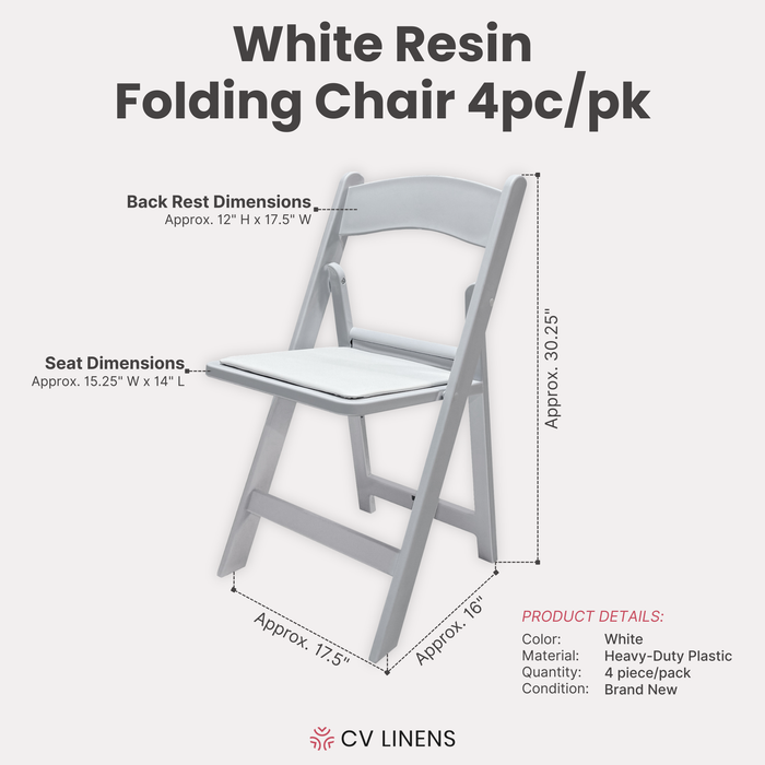White Resin Folding Chair 4pc/pk infographic showing chair dimensions of 30.25" tall