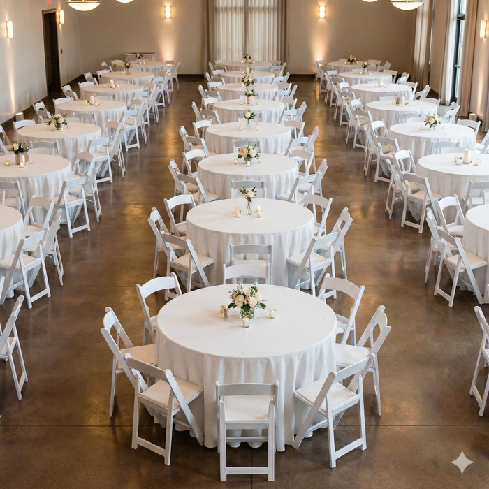 White Resin Folding Chair 4pc/pk around a 60" round table with florals and votive candles