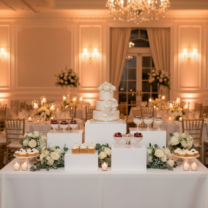 Indoor Wedding Reception – White Square Pedestal Stands