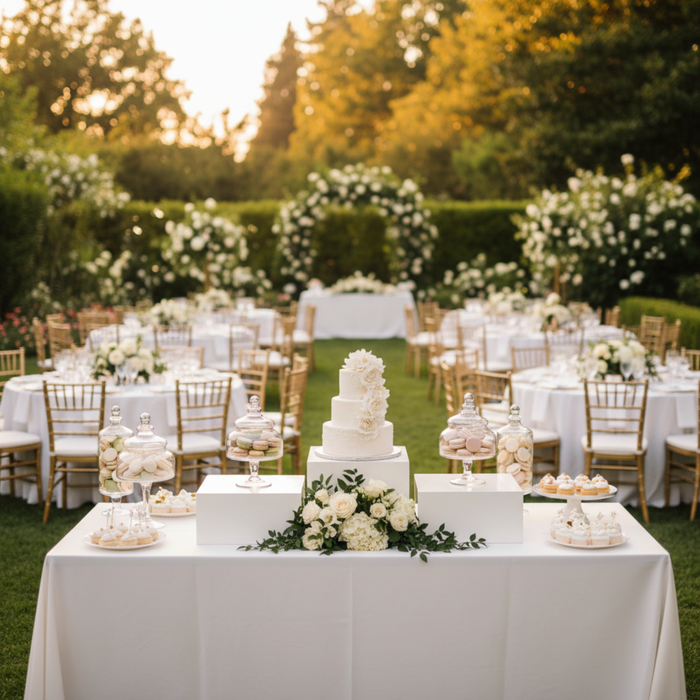Outdoor Wedding Reception – White Square Pedestal Stands