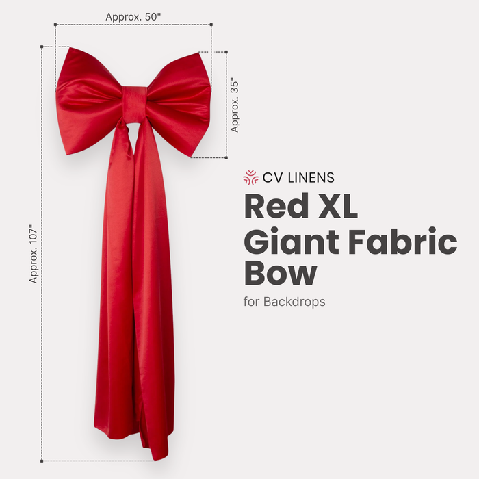 XL Giant Fabric Bow for Backdrop Red infographic showing product measurements of 107" in length and 50" wide
