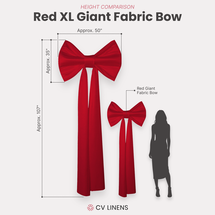 XL Giant Fabric Bow for Backdrop Red infographic showing product measurements compared to the Giant Fabric Bow